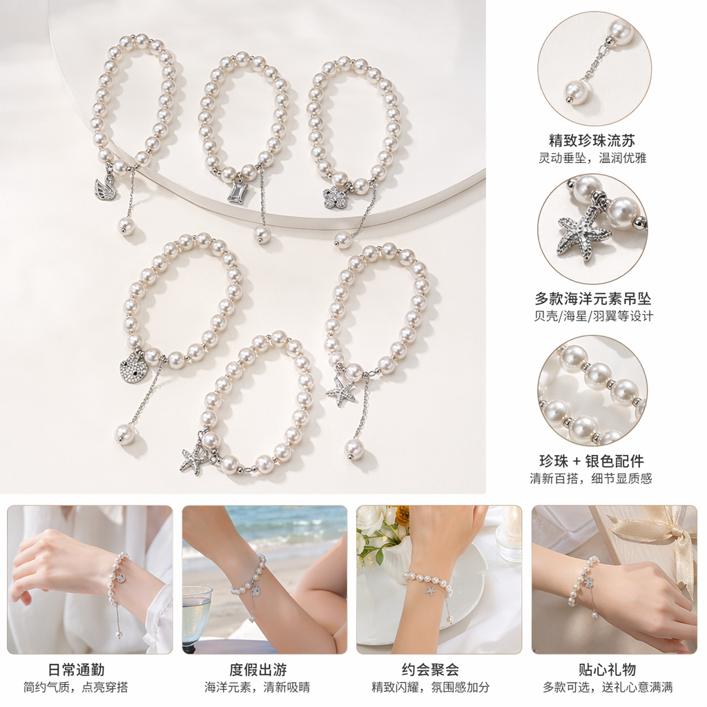 白色珍珠手链 天然淡水珍珠简约优雅女士配饰