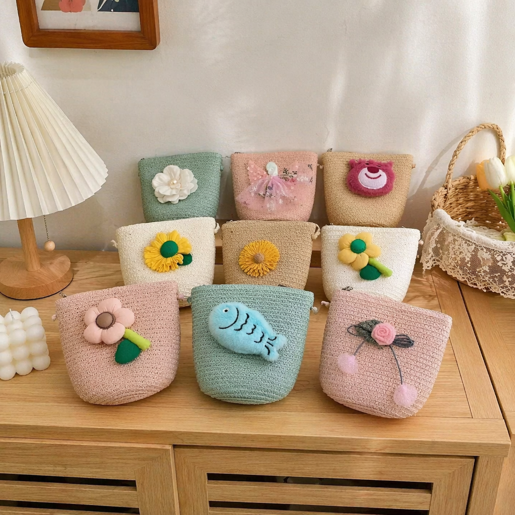 Colorful woven small bags with bows, flower fish dolls and cartoon decorations details Picture