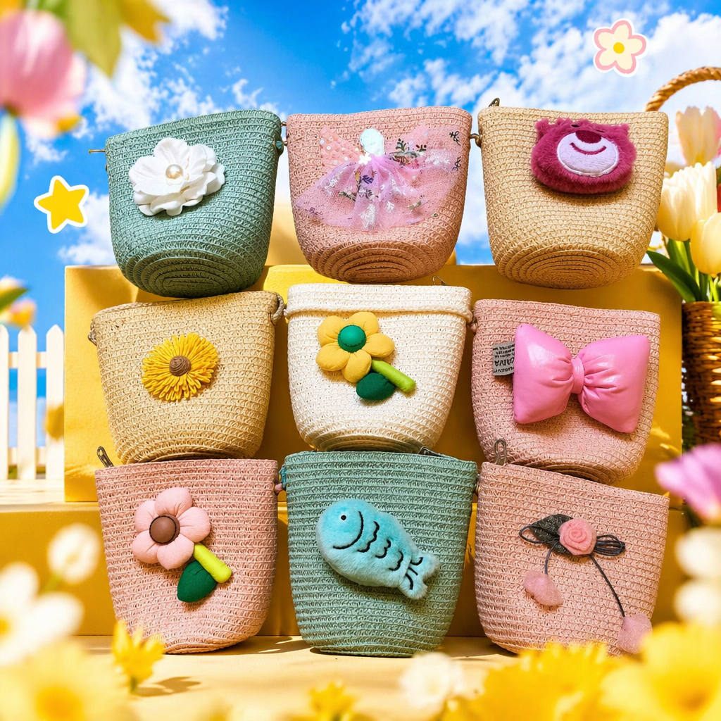 Colorful woven small bags with bows, flower fish dolls and cartoon decorations Specification image