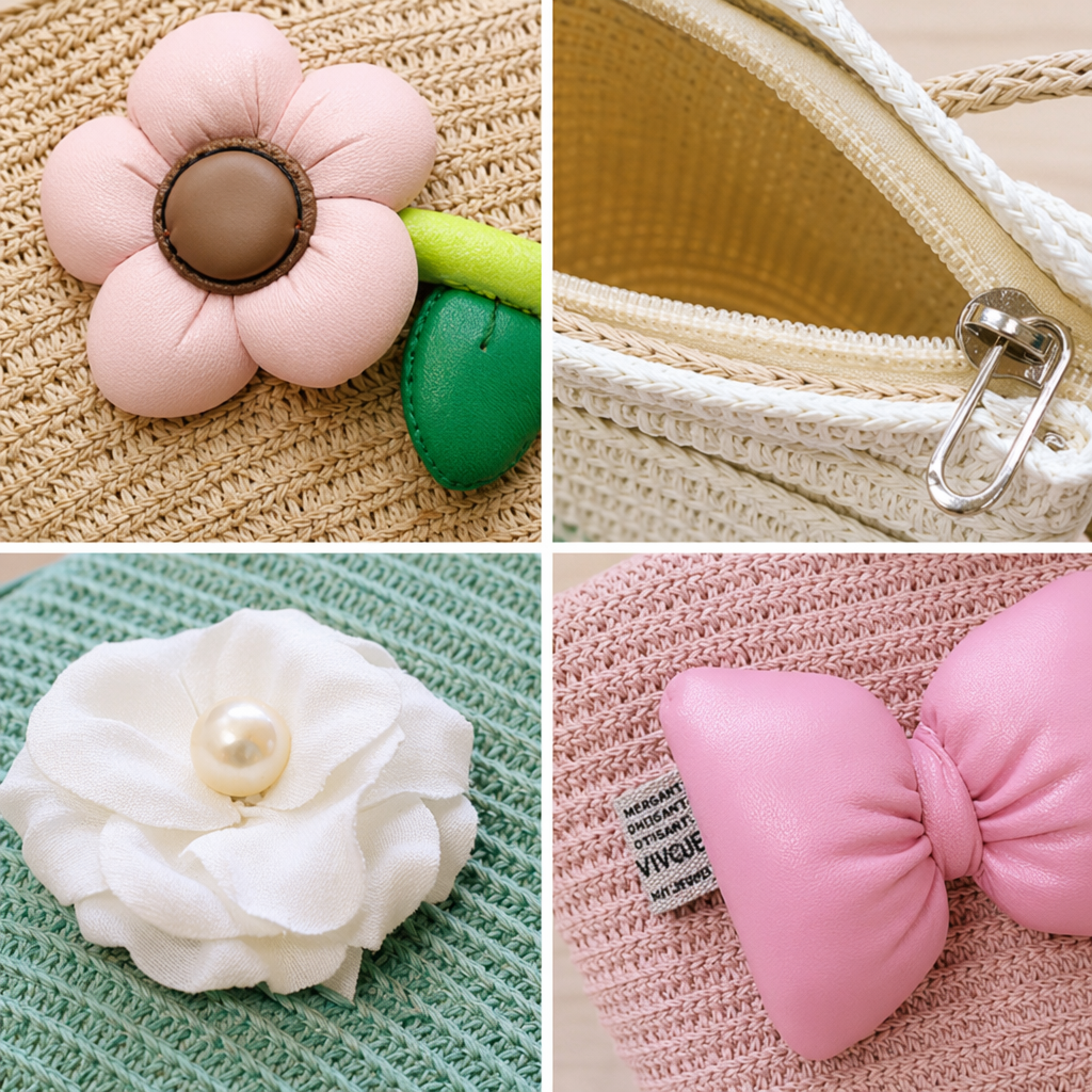 Colorful woven small bags with bows, flower fish dolls and cartoon decorations Application Scenario