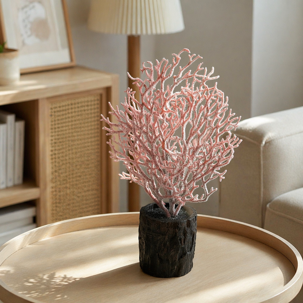 Pink coral-shaped decorative plants, dark tree stump flowerpots, and white cubic display stands details Picture