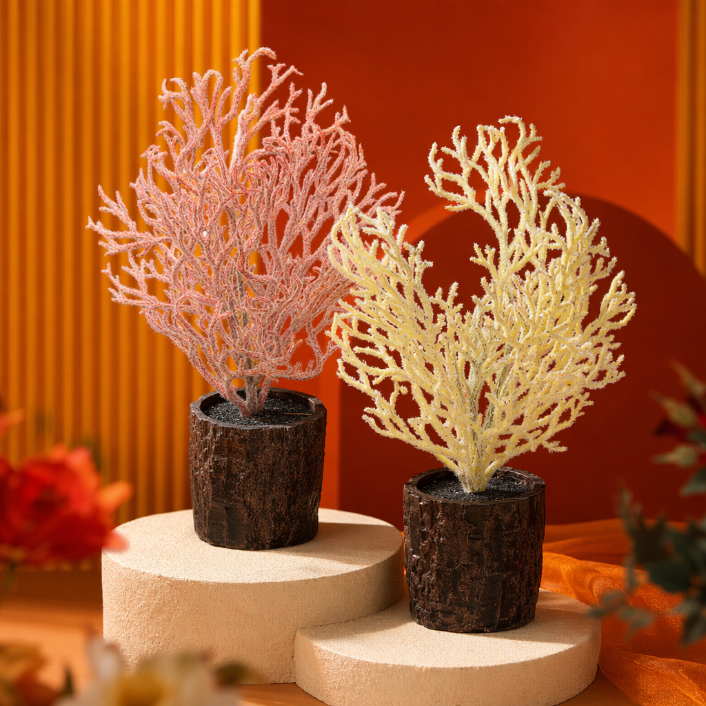 Pink coral-shaped decorative plants, dark tree stump flowerpots, and white cubic display stands Specification image