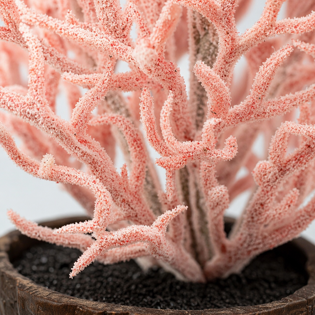 Pink coral-shaped decorative plants, dark tree stump flowerpots, and white cubic display stands Application Scenario