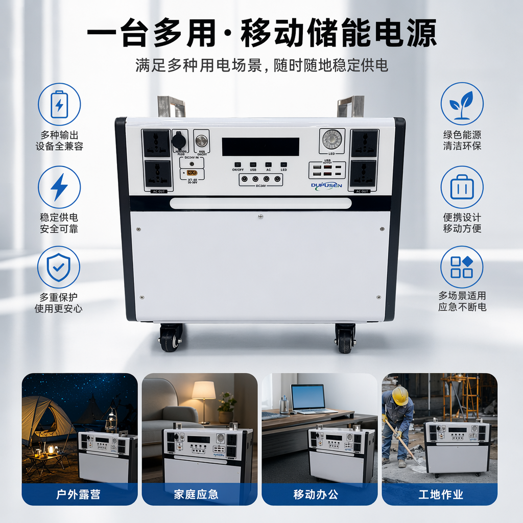 White portable power inverter with wheels and multiple interfaces for car and home use
