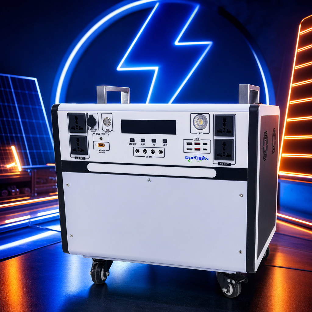 White portable power inverter with wheels and multiple interfaces for car and home use Specification image