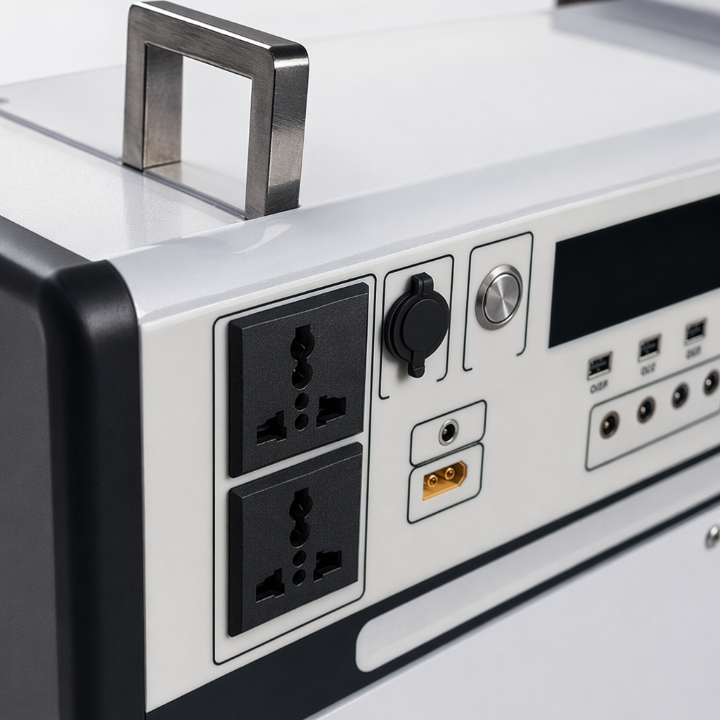 White portable power inverter with wheels and multiple interfaces for car and home use Application Scenario