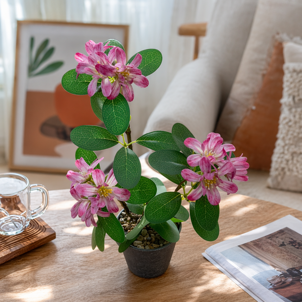 Pink flower and green leaf potted plants for indoor decoration, small living room and balcony green plants, artificial green plants details Picture