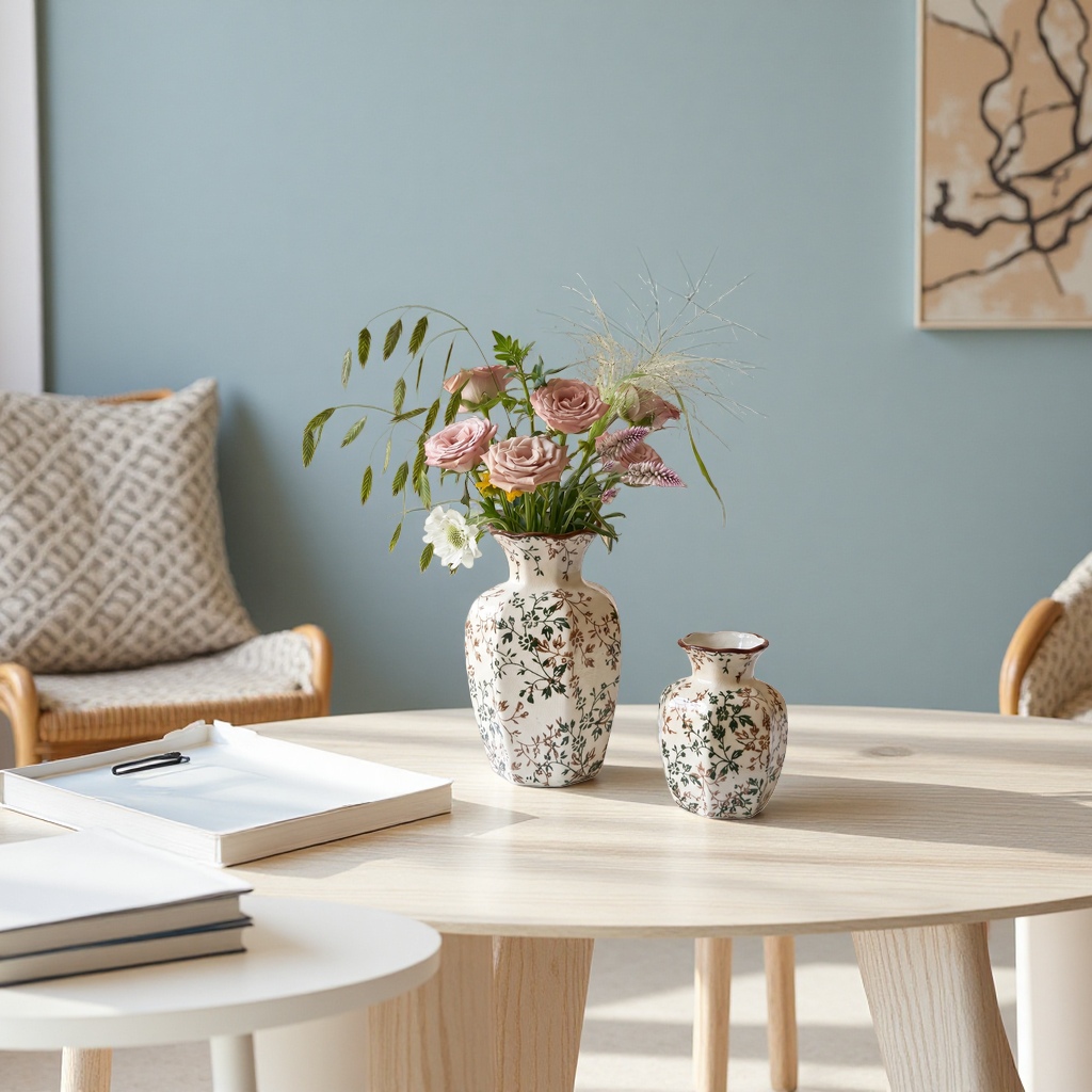 A combination of white floral ceramic vases for living room decoration and a Nordic-style home flower arrangement Application Scenario