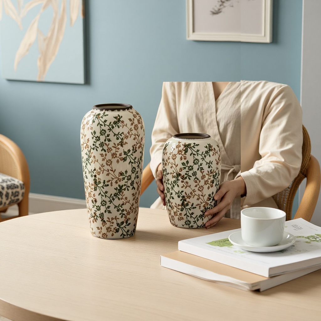 A combination of white floral ceramic vases for living room decoration and a Nordic-style home flower arrangement details Picture