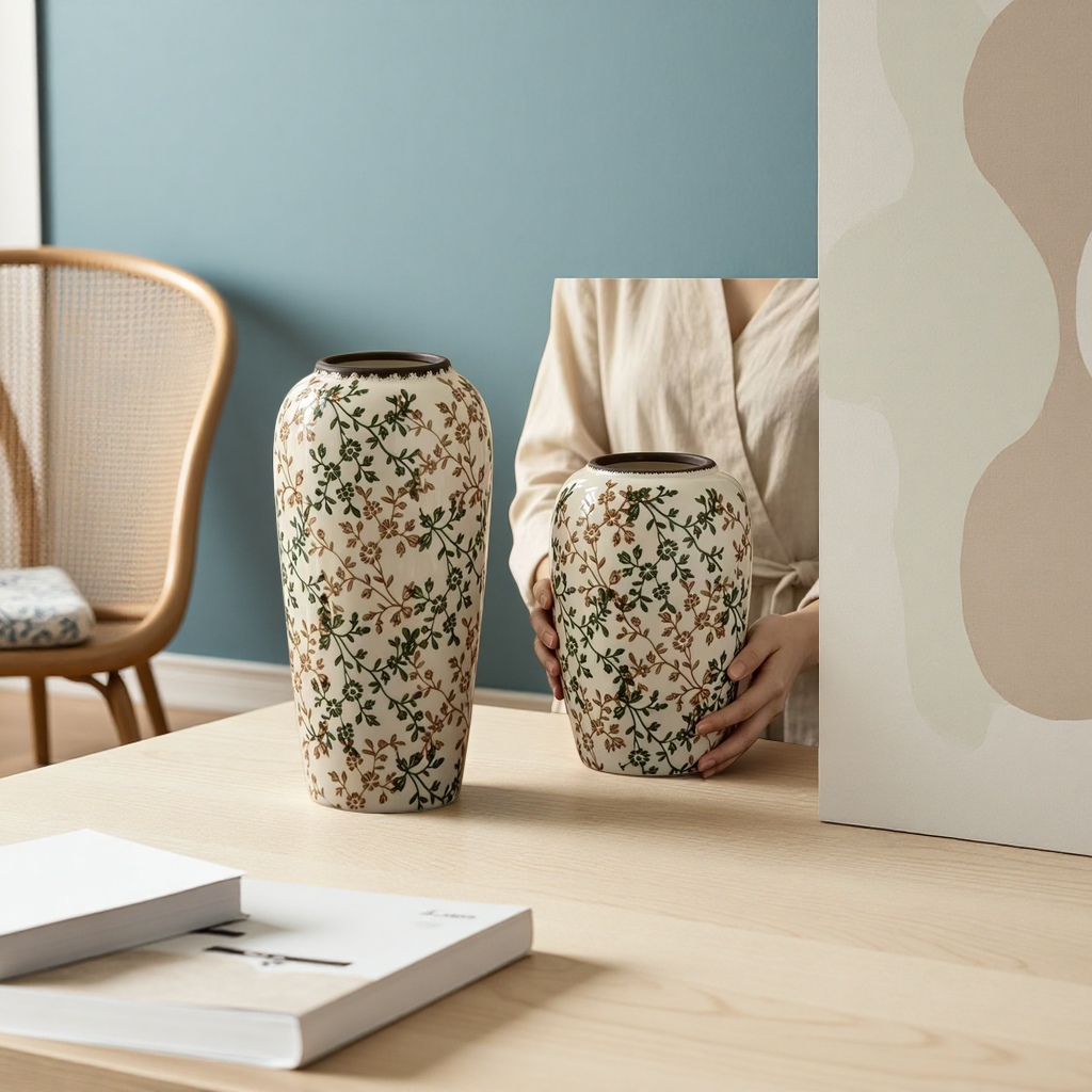 A combination of white floral ceramic vases for living room decoration and a Nordic-style home flower arrangement