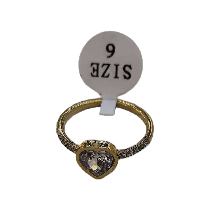A golden heart-shaped ring set with a purple crystal band, small diamonds on both sides, and a SIZE 9 label Item Picture