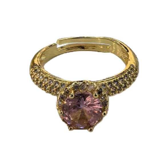 The center of the golden ring is set with a pink main stone, and the ring band is densely set with small diamonds Item Picture