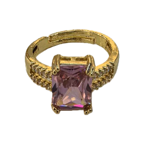 The center of the golden ring is set with a purple square zircon, and the sides of the ring arm are decorated with small crystals Item Picture