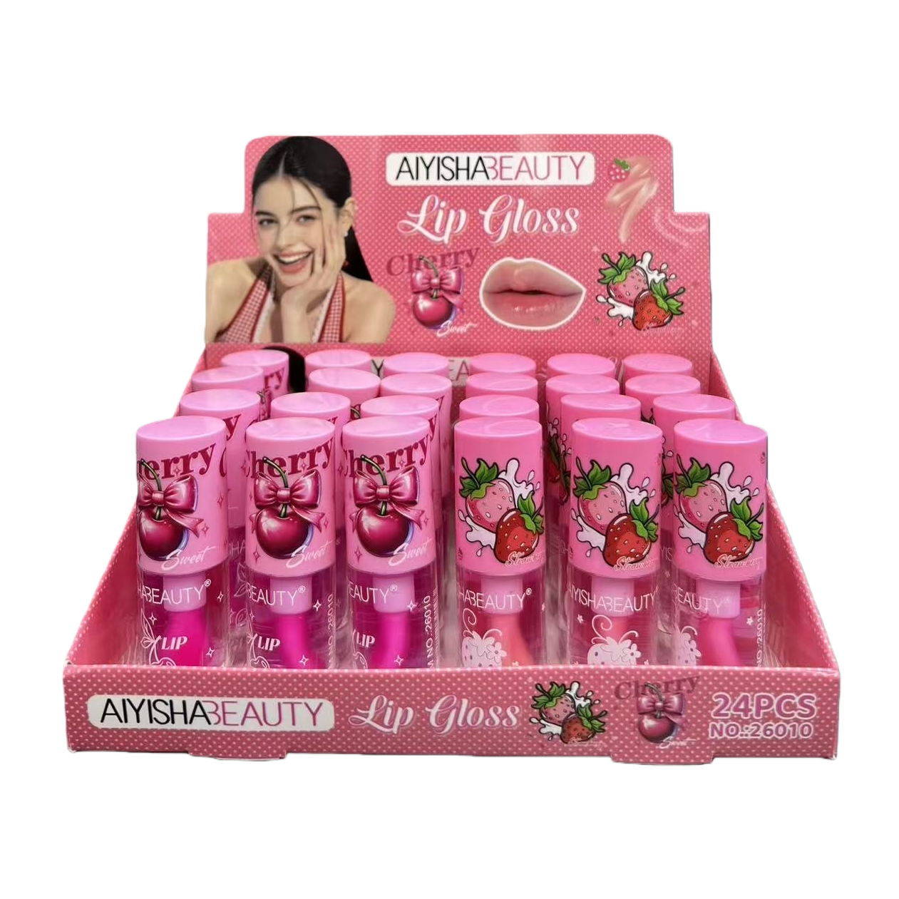 粉色唇彩展示盒，内含24支樱桃与草莓主题唇彩，包装印有AIYISHA BEAUTY品牌标识及模特形象白底实物图