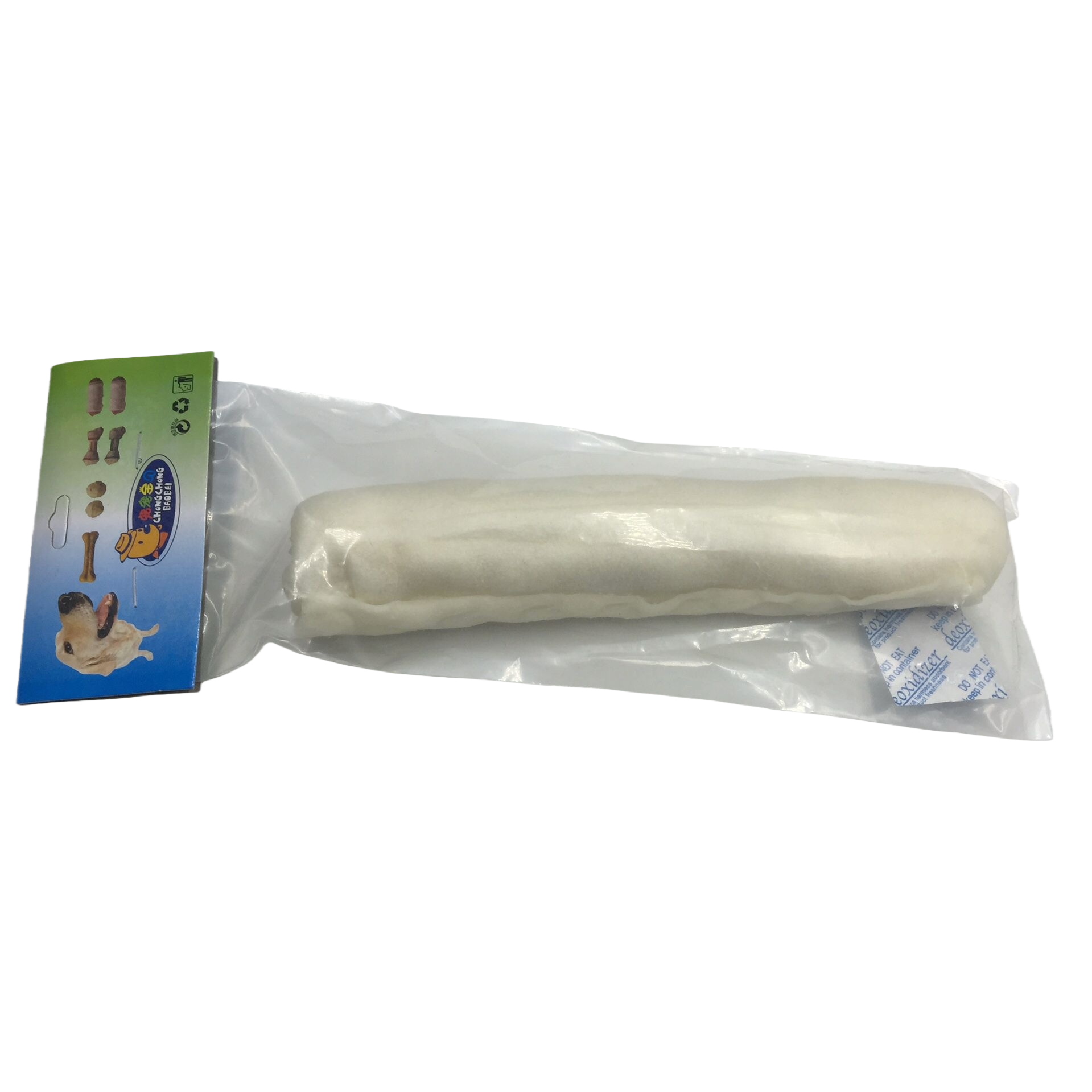 白色长条宠物磨牙棒透明塑料袋装绿蓝渐变卡 Item Picture