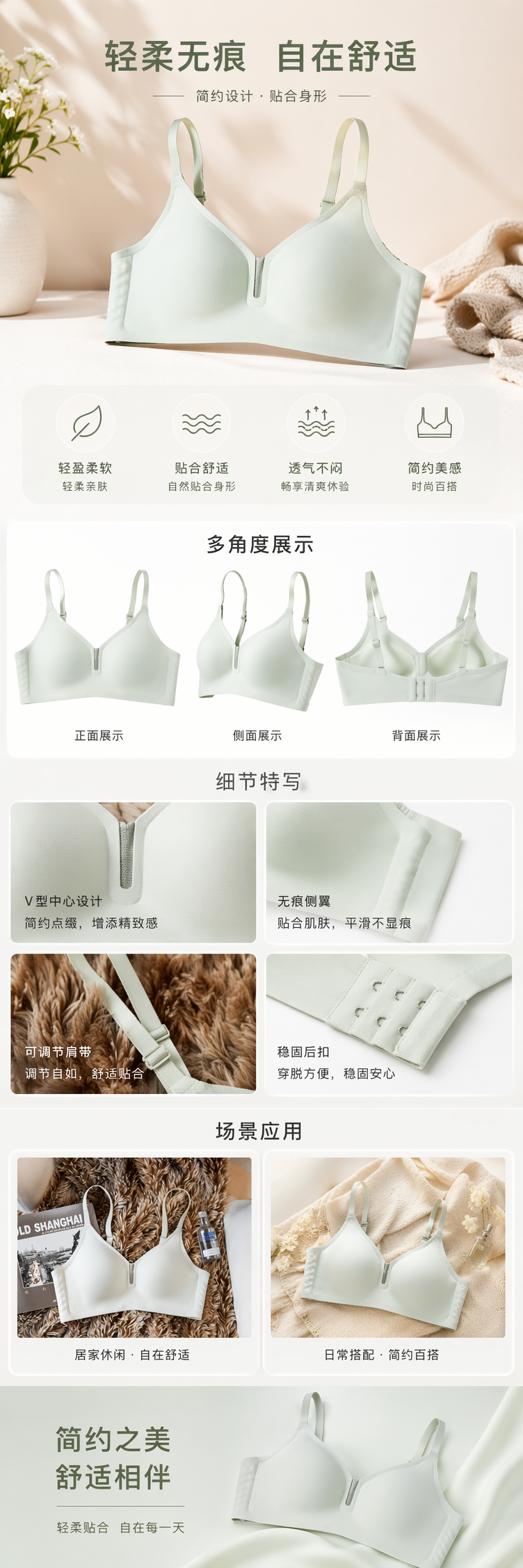 浅绿色无钢圈文胸舒适透气聚拢调整型女士内衣详情1