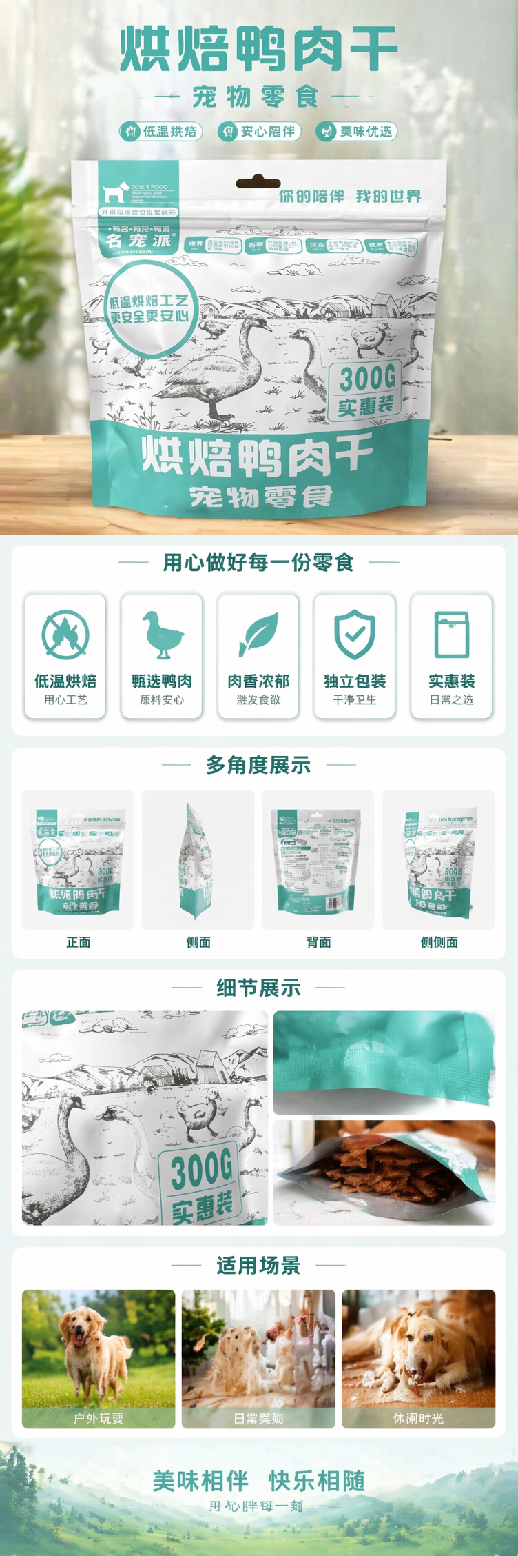 青绿色包装袋宠物零食鸡肉干鸭肉条猫狗通用 pic 1