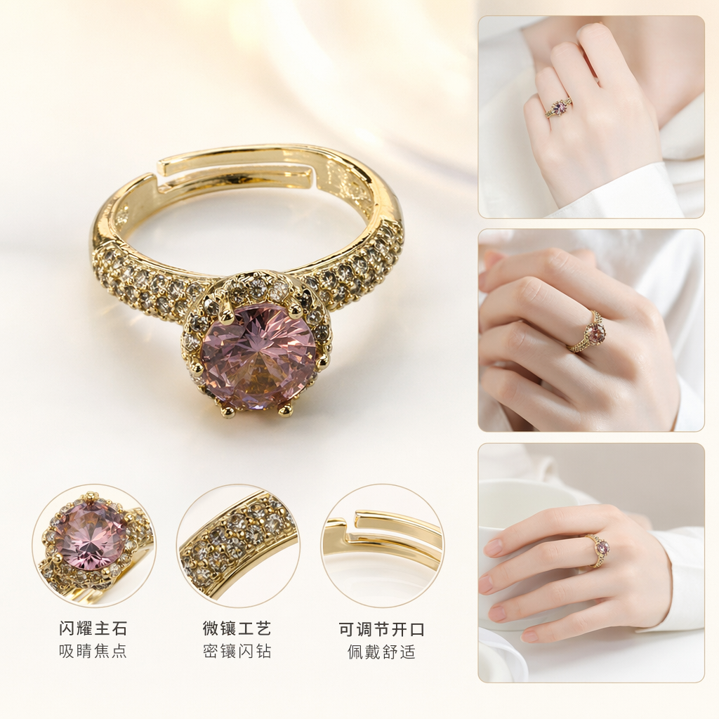 The center of the golden ring is set with a pink main stone, and the ring band is densely set with small diamonds