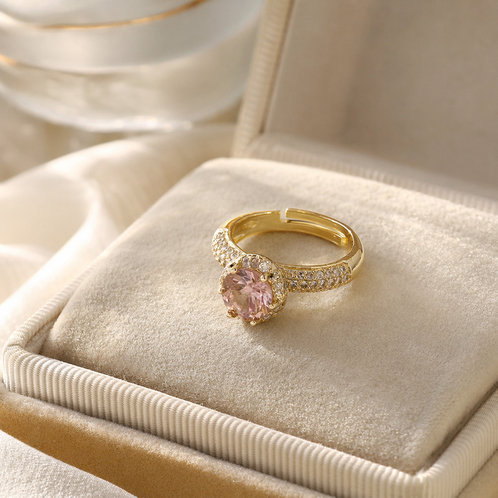 The center of the golden ring is set with a pink main stone, and the ring band is densely set with small diamonds details Picture