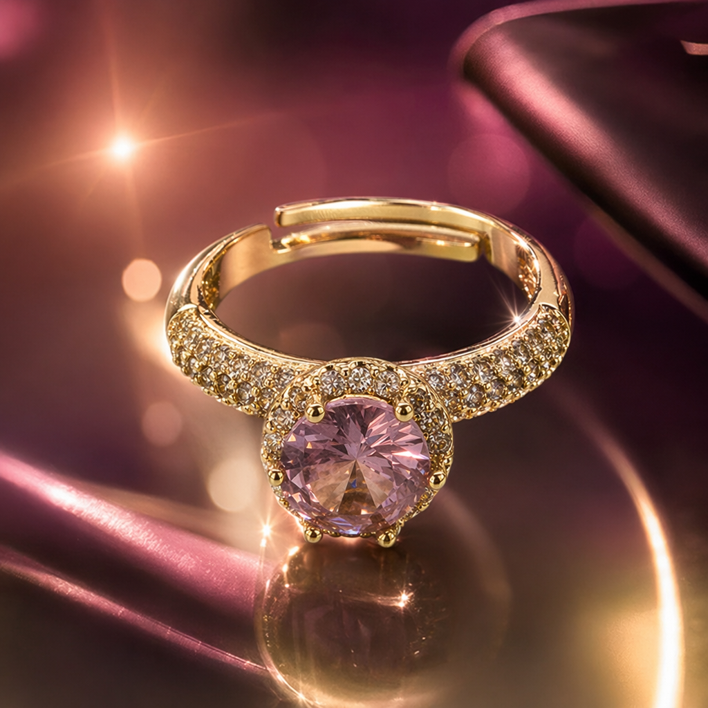 The center of the golden ring is set with a pink main stone, and the ring band is densely set with small diamonds Specification image