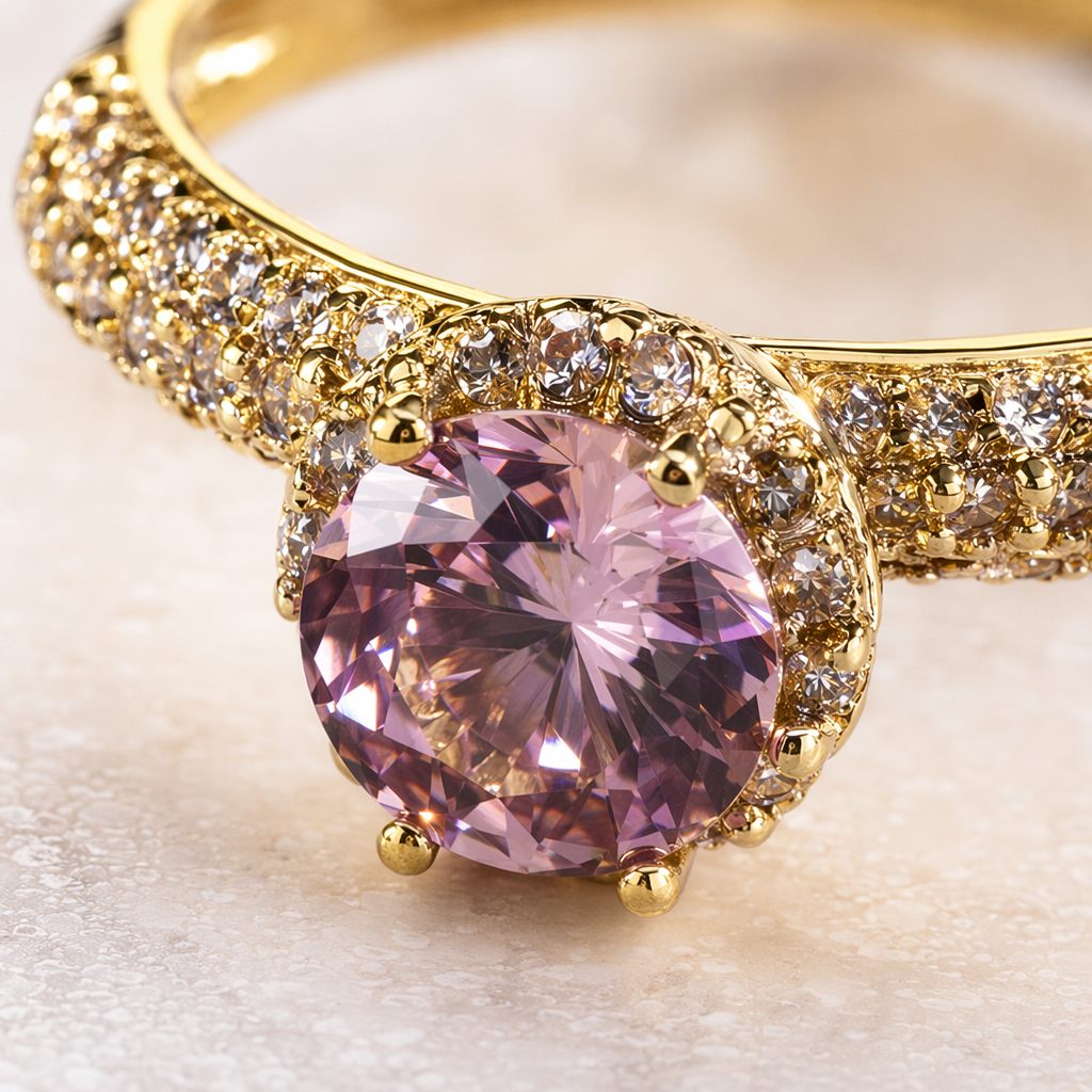The center of the golden ring is set with a pink main stone, and the ring band is densely set with small diamonds Application Scenario