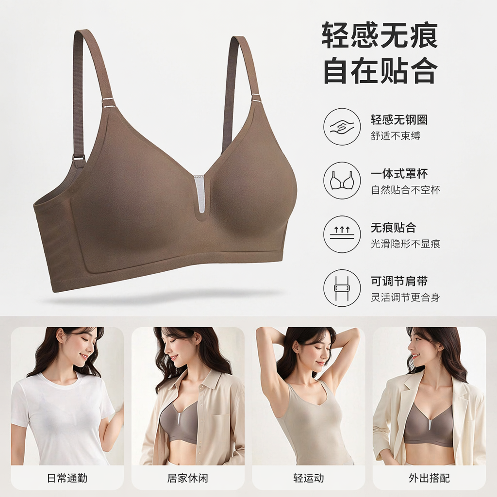 奶咖色一片式上托聚拢文胸 单杯一体式垫 舒适无钢圈薄款1cm可调节肩带