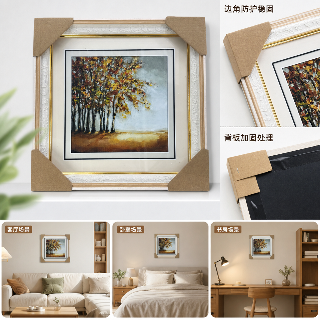 白色雕花画框装裱秋日树林油画装饰挂画客厅卧室