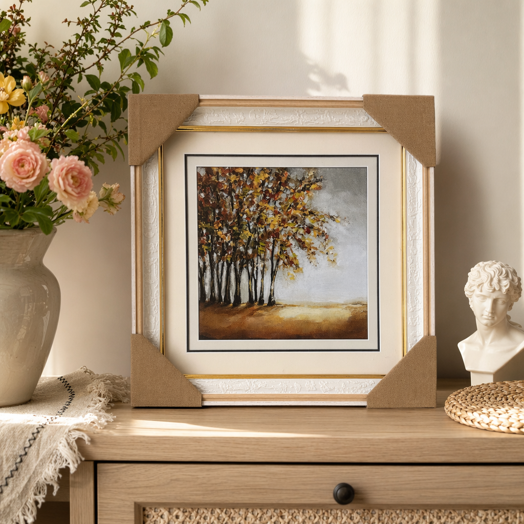 White carved picture frames are used to frame autumn forest oil paintings for decorative hanging in the living room and bedroom details Picture