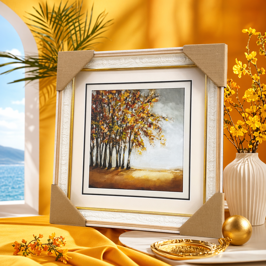 White carved picture frames are used to frame autumn forest oil paintings for decorative hanging in the living room and bedroom Specification image