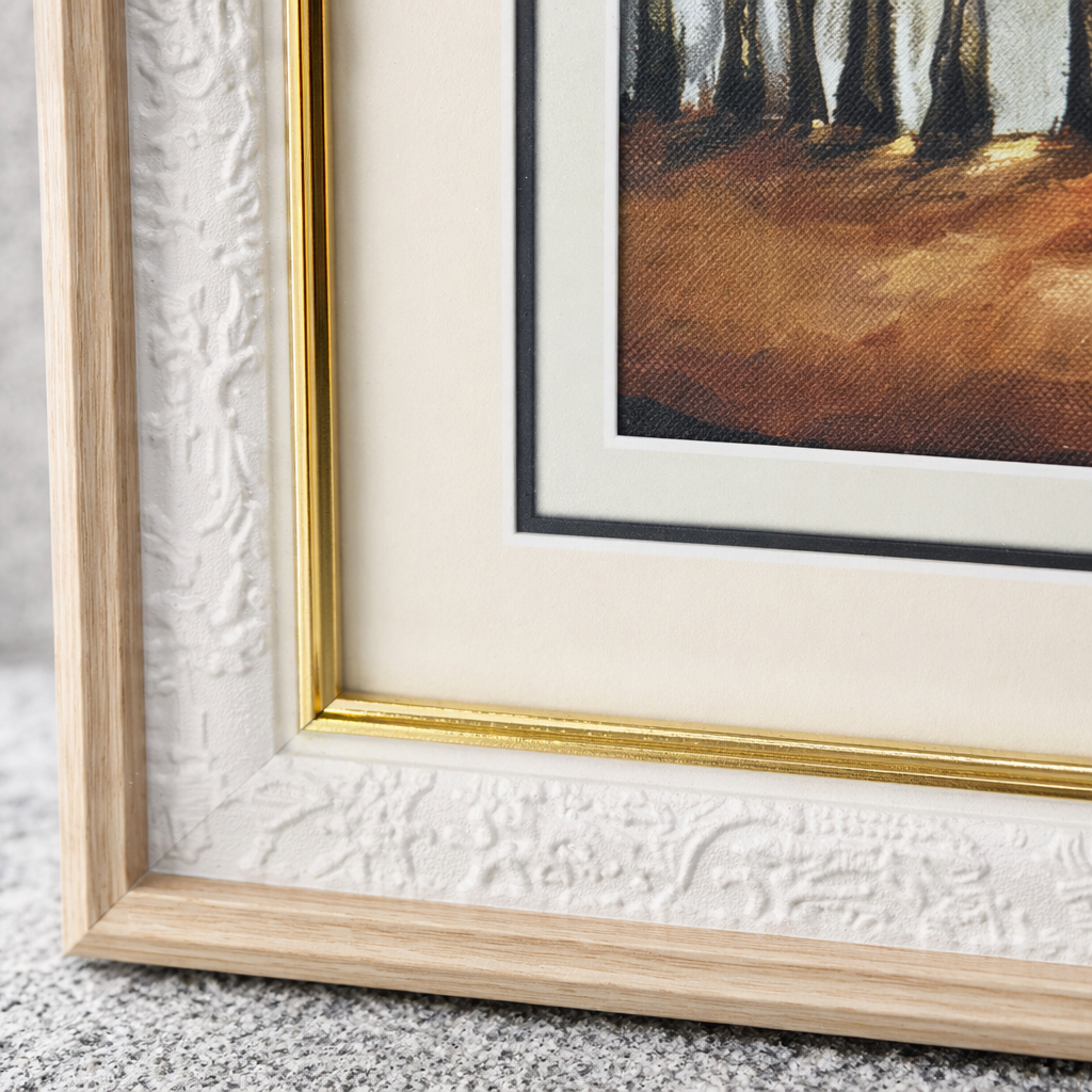 White carved picture frames are used to frame autumn forest oil paintings for decorative hanging in the living room and bedroom Application Scenario