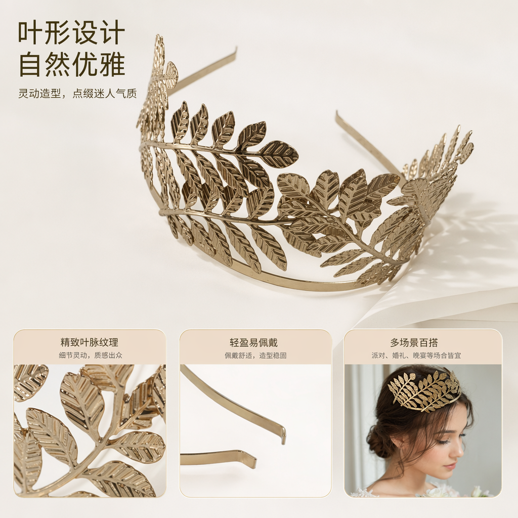 金色叶子造型头冠 仿真植物发饰新娘婚礼配饰