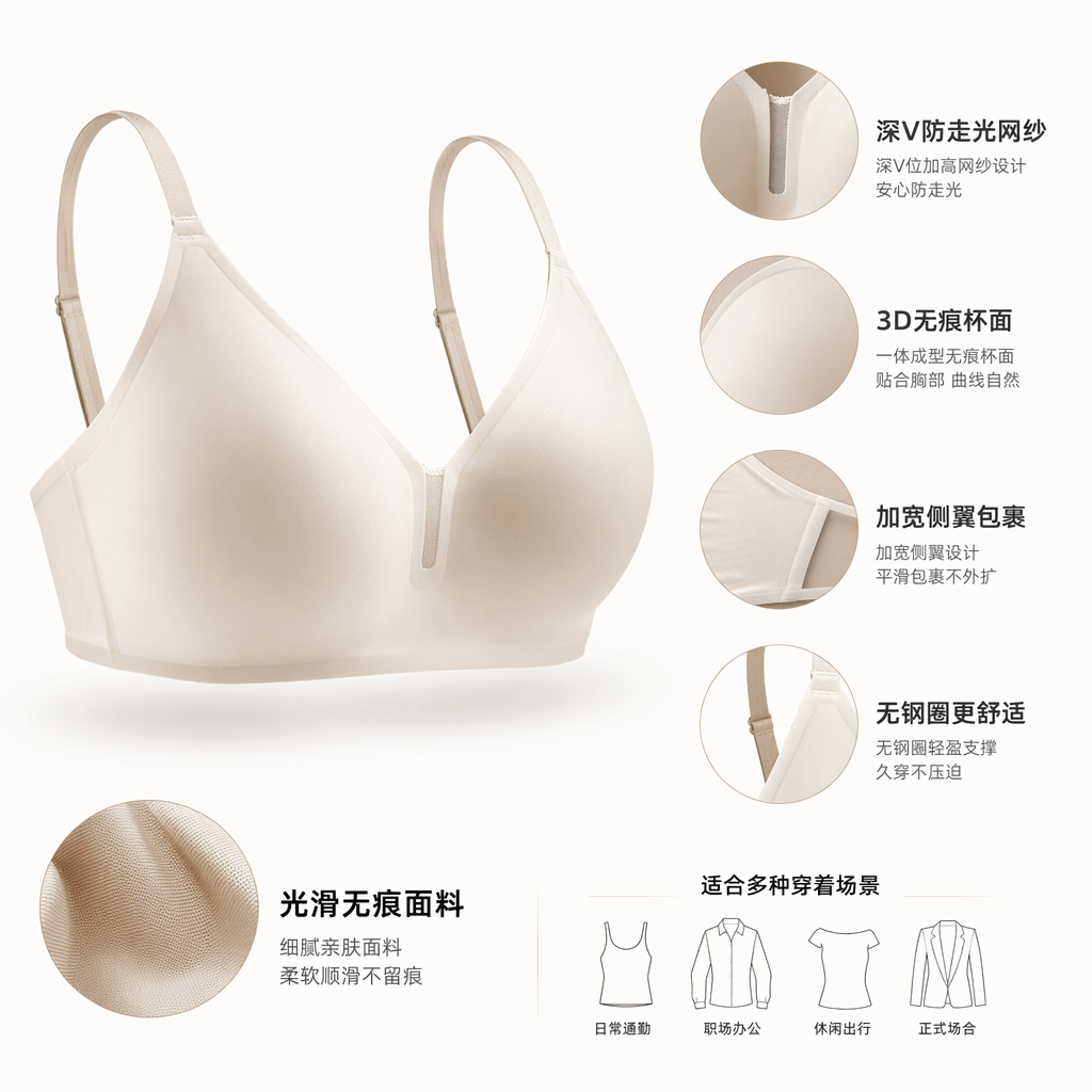 米色无钢圈文胸 棉感亲肤无痕日常穿搭女士内衣