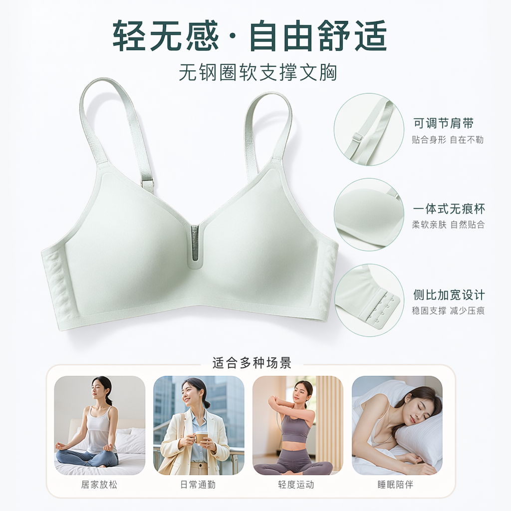 浅绿色无钢圈舒适文胸 聚拢透气女士内衣