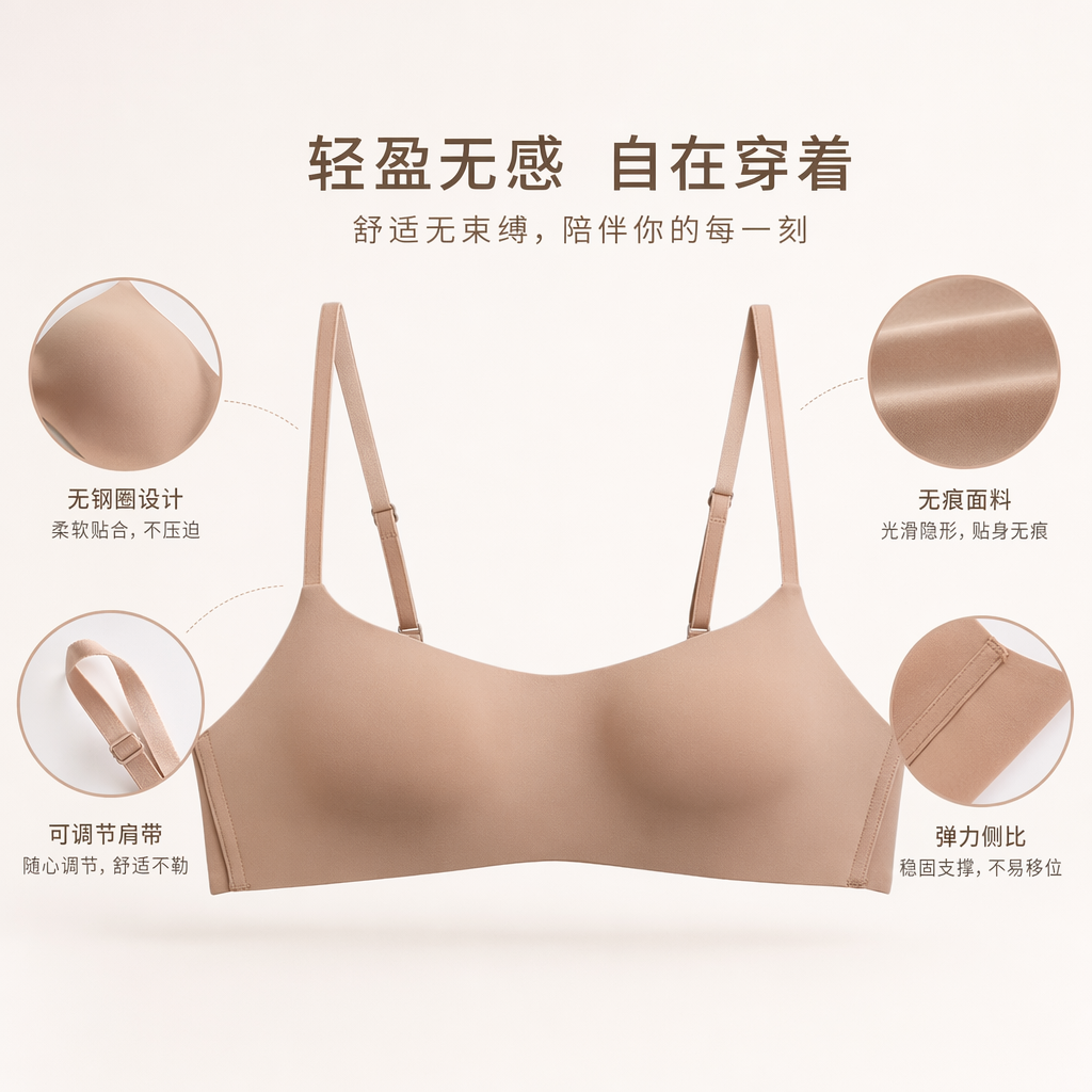 米色无钢圈文胸 柔滑棉感无痕日常穿搭女士内衣