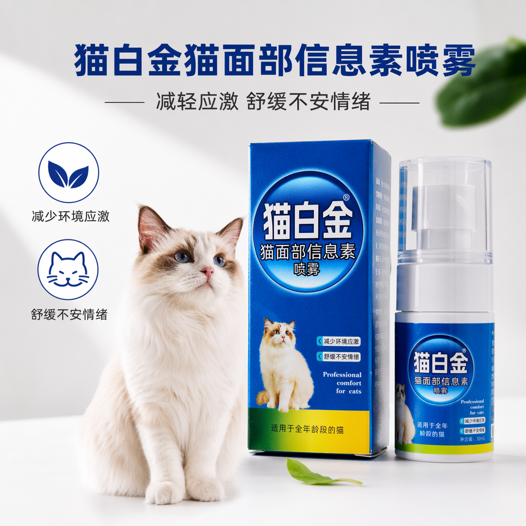 猫白金蓝色包装盒面部信息素喷雾舒缓猫咪应激情绪