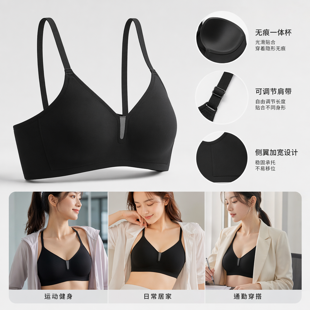黑色蕾丝收腹显瘦文胸 女士日常聚拢内衣