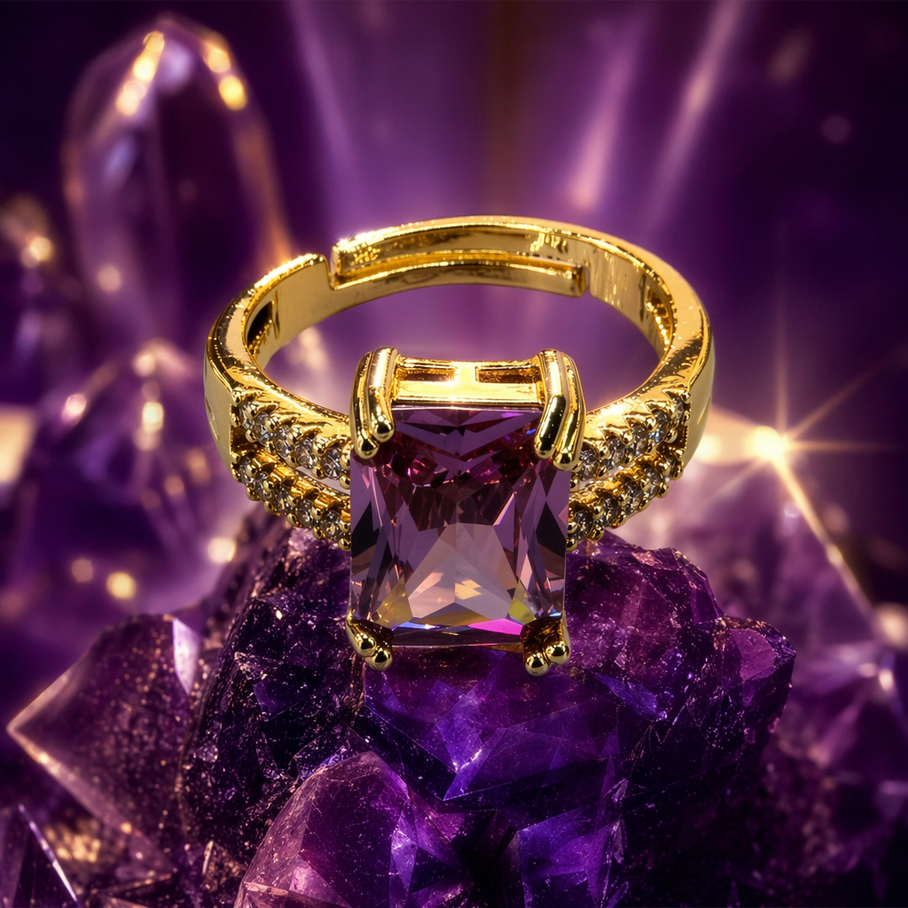The center of the golden ring is set with a purple square zircon, and the sides of the ring arm are decorated with small crystals Specification image