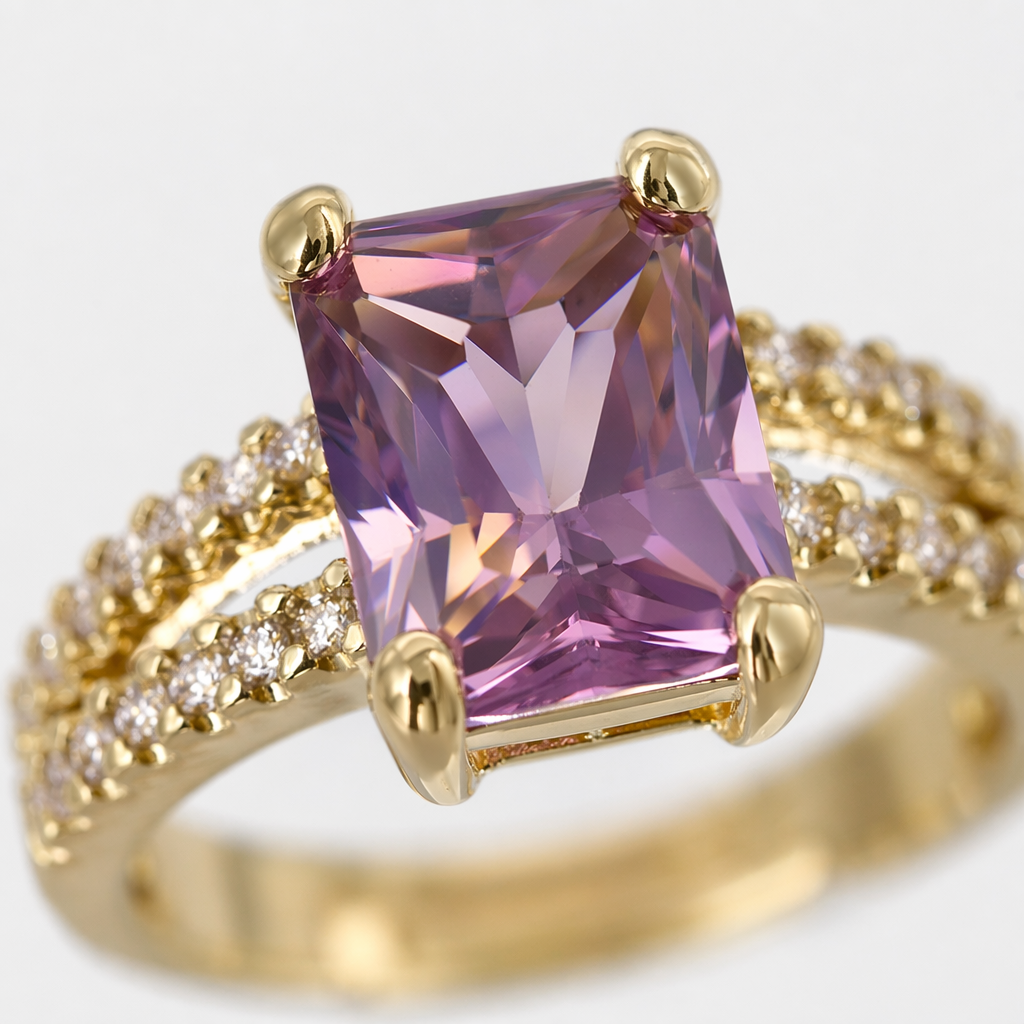 The center of the golden ring is set with a purple square zircon, and the sides of the ring arm are decorated with small crystals Application Scenario