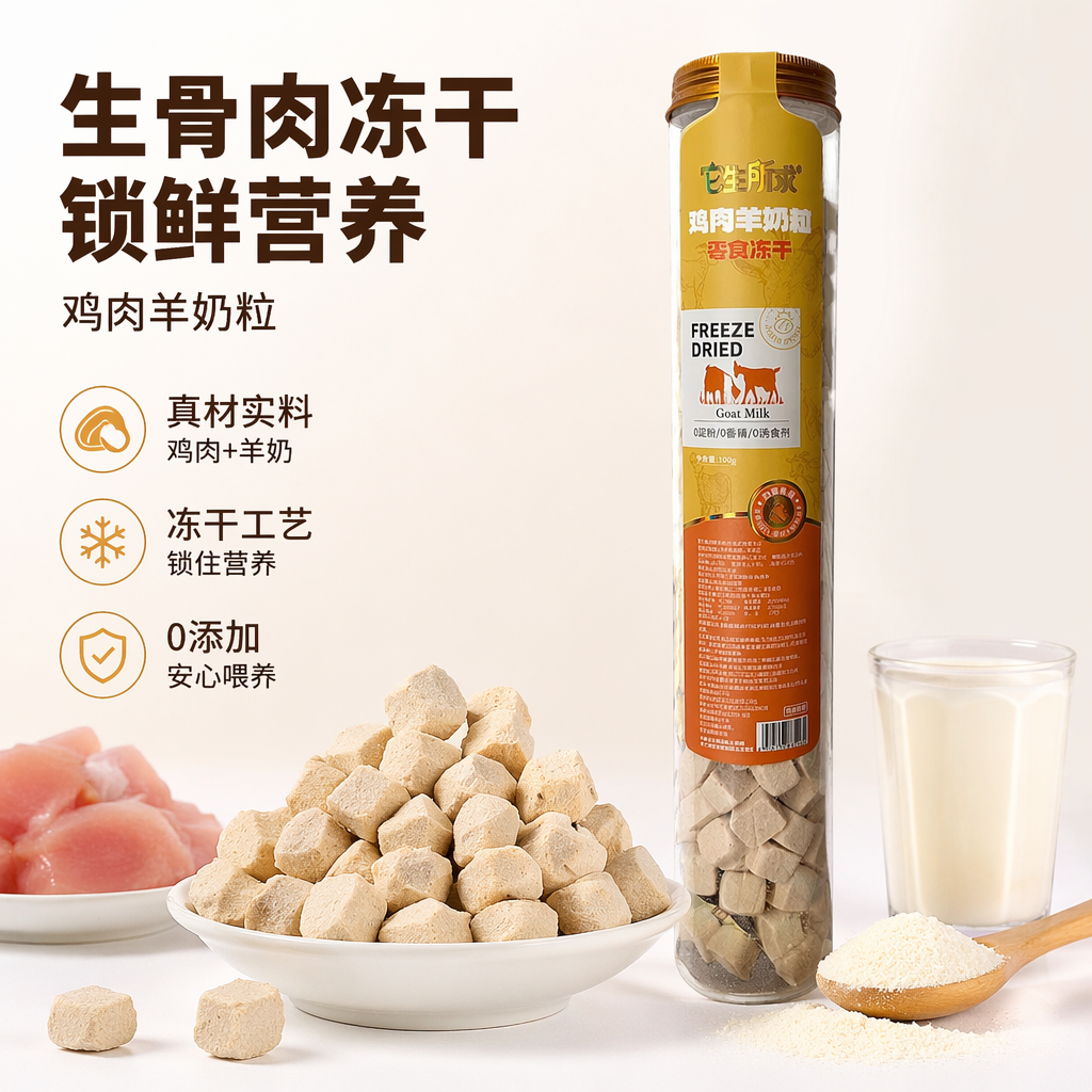 它生所求透明圆柱罐装鸡肉羊奶粒冻干零食100g浅褐立方颗粒