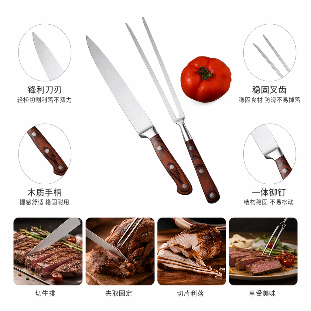 木质砧板配彩木柄烤肉刀叉套装