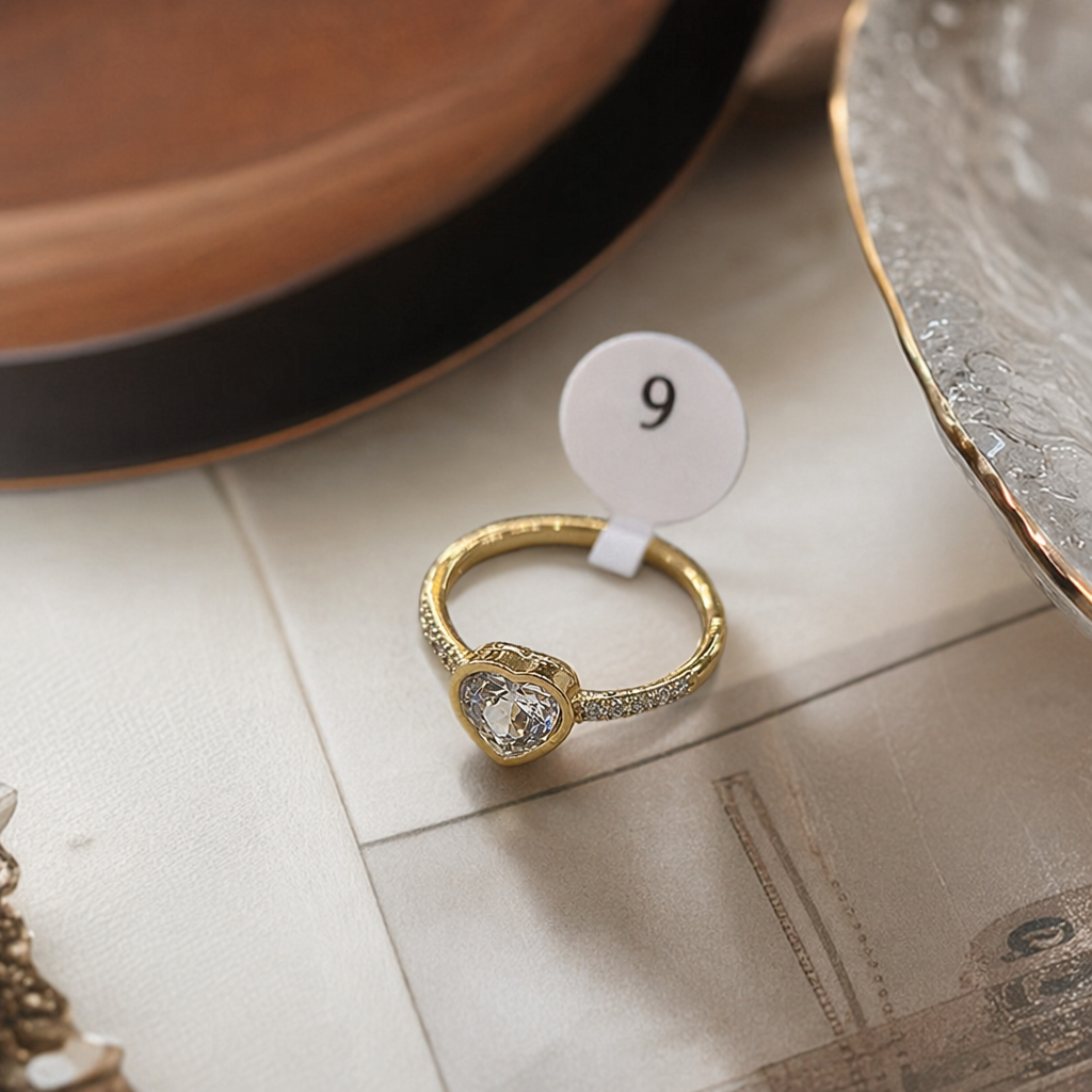 A golden heart-shaped ring set with a purple crystal band, small diamonds on both sides, and a SIZE 9 label details Picture