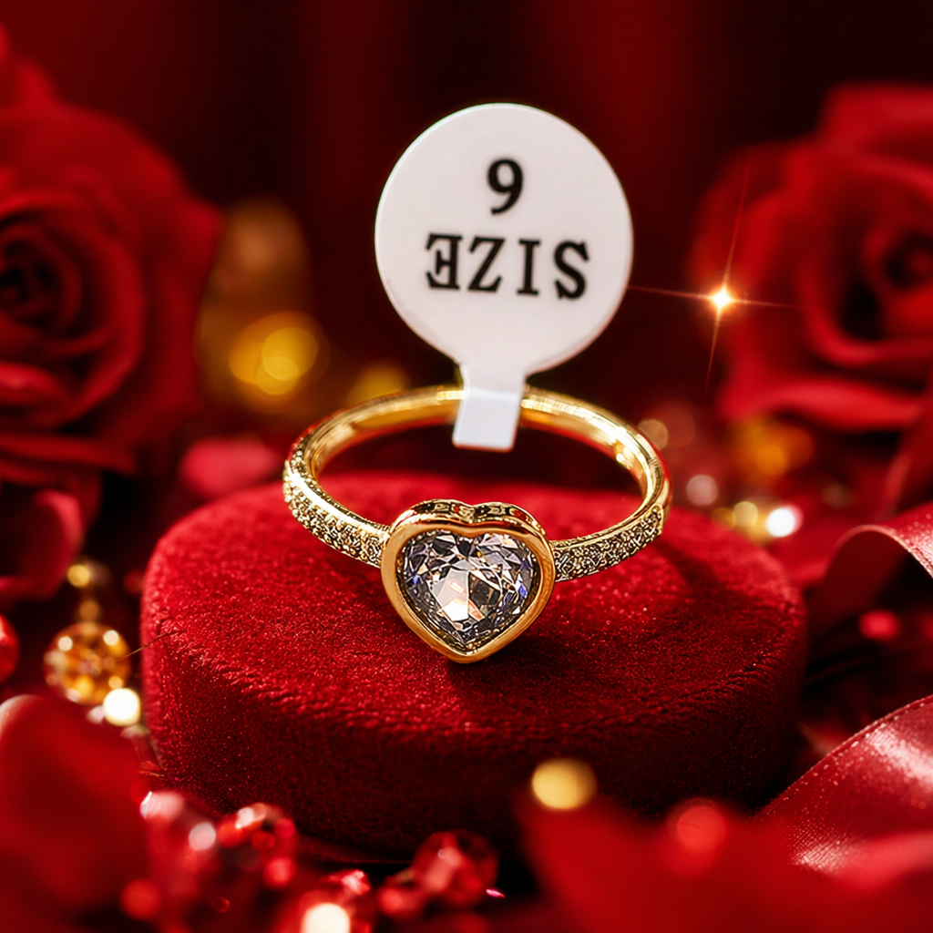 A golden heart-shaped ring set with a purple crystal band, small diamonds on both sides, and a SIZE 9 label Specification image