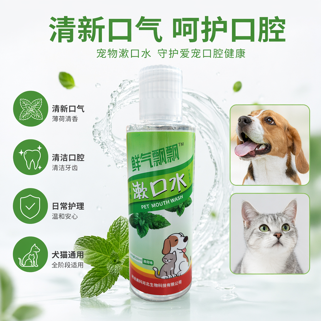 绿色标签透明瓶装宠物漱口水 宠物口腔清洁护理