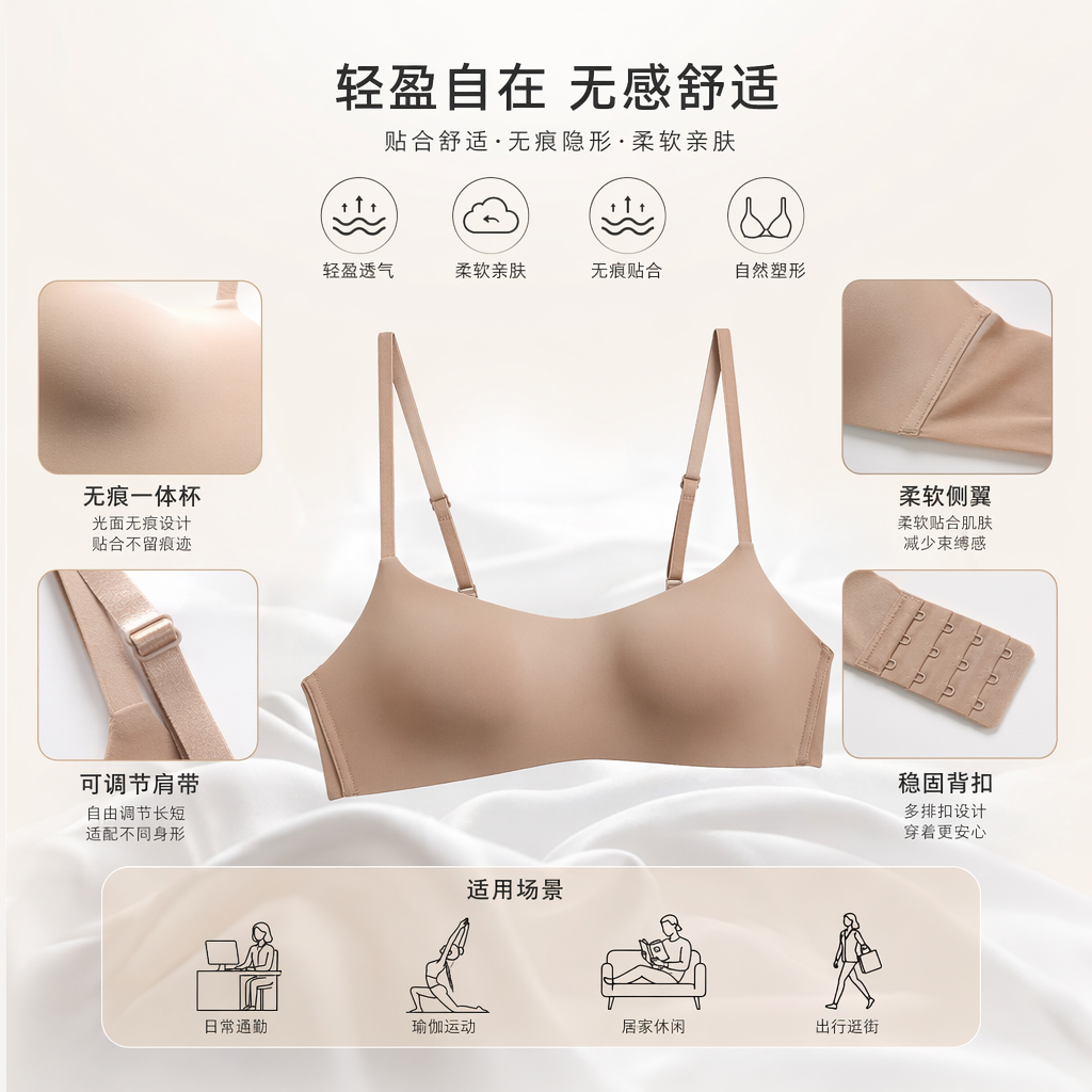 米色无钢圈文胸 舒适透气聚拢调整型女士内衣