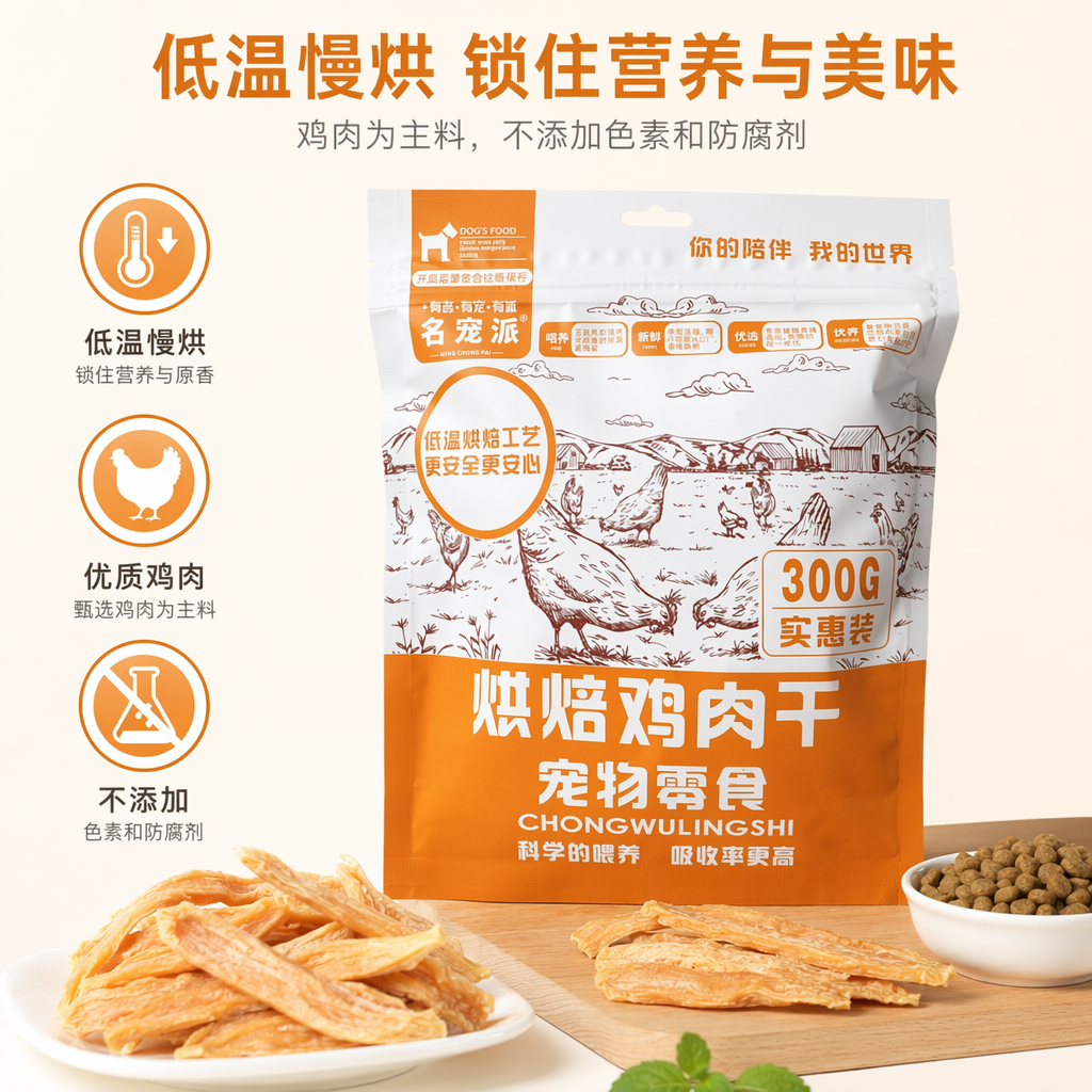 橙白包装袋烘焙鸡肉干宠物零食高蛋白低脂狗狗猫零食