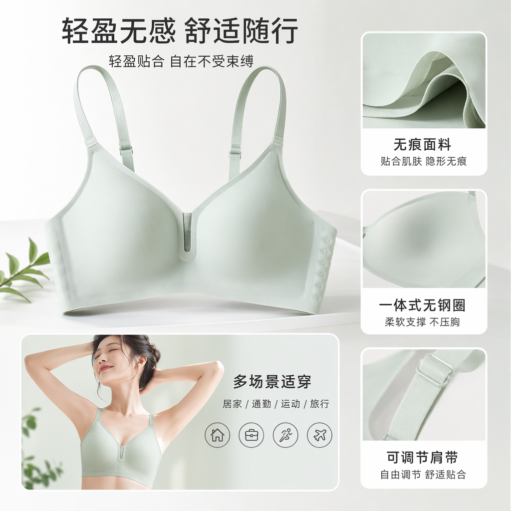 浅绿色无钢圈文胸 舒适透气聚拢调整型女士内衣