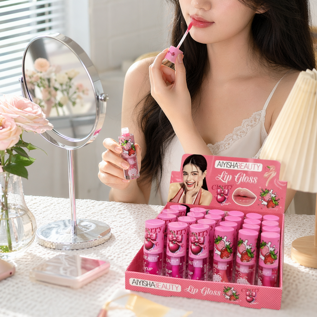 粉色唇彩展示盒，内含24支樱桃与草莓主题唇彩，包装印有AIYISHA BEAUTY品牌标识及模特形象产品图