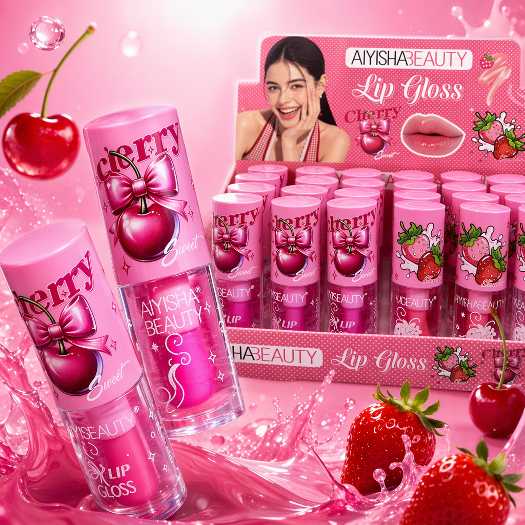 粉色唇彩展示盒，内含24支樱桃与草莓主题唇彩，包装印有AIYISHA BEAUTY品牌标识及模特形象细节图