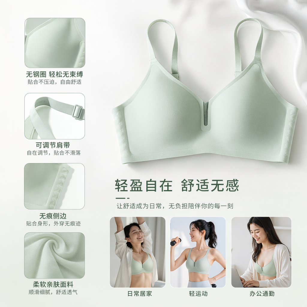 浅绿色无钢圈文胸舒适透气聚拢调整型女士内衣图