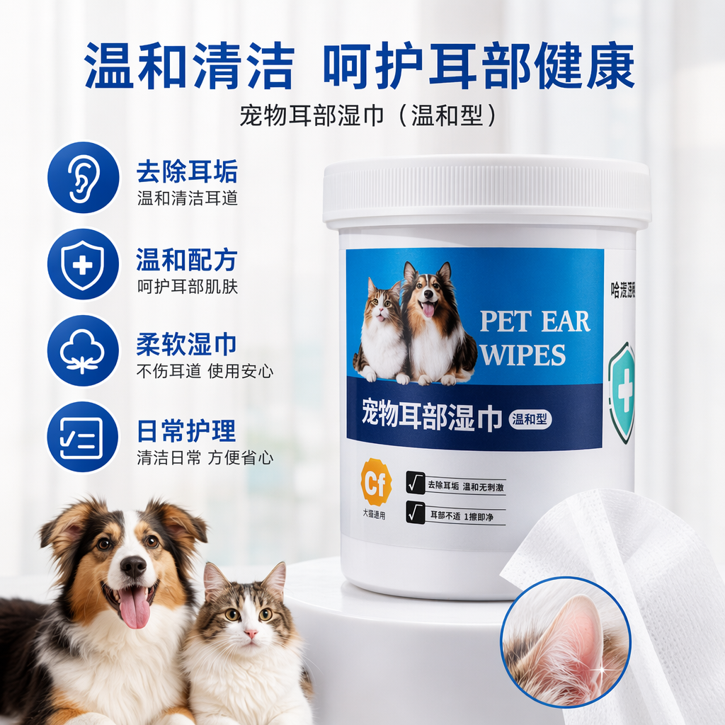 白色罐装宠物耳部湿巾 无酒精棉质厚实清洁护理